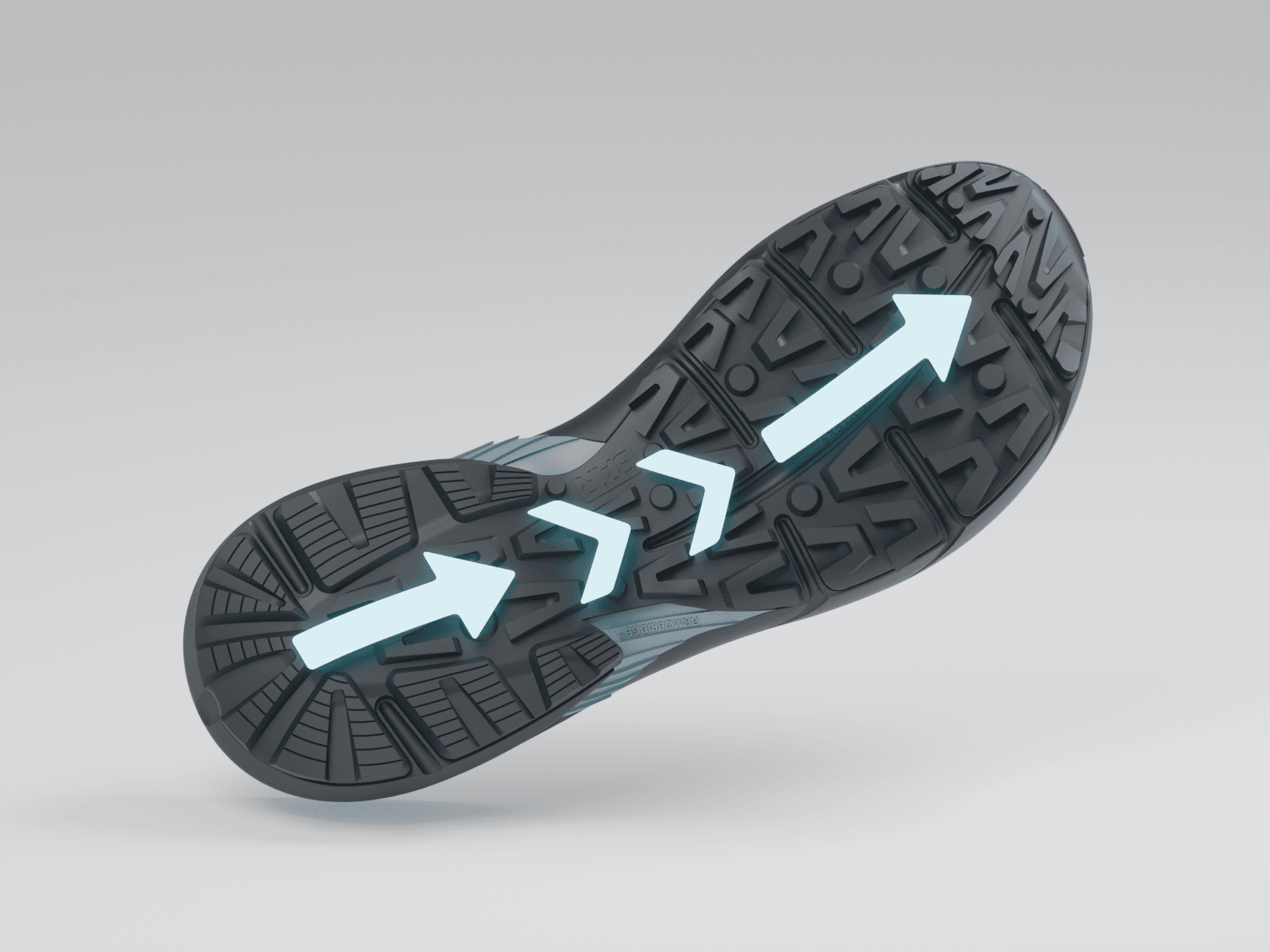 Underside of the outsole: the force path runs from heel across the FIRMOBRIDGE element into the forefoot without breaking